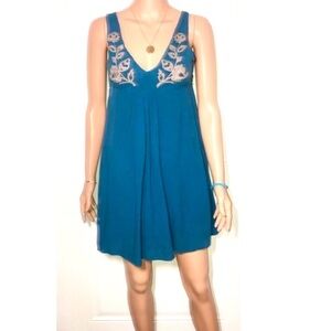 Old navy V-neck sleeveless mini dress teal and ivory embroidery XS